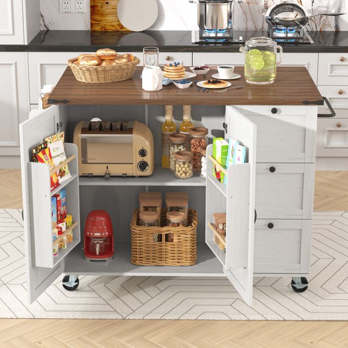 Carrello da cucina - Isola estensibile - 2 ante - 3 cassetti - Beige - Portata massima 75 kg