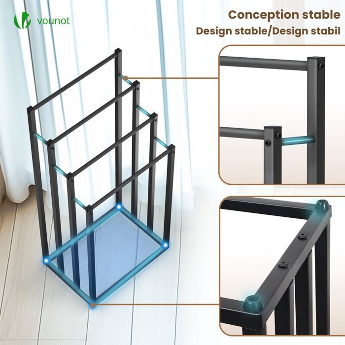 VOUNOT® Frittstående håndklestativ - 4-lags støtte - Metall - Svart