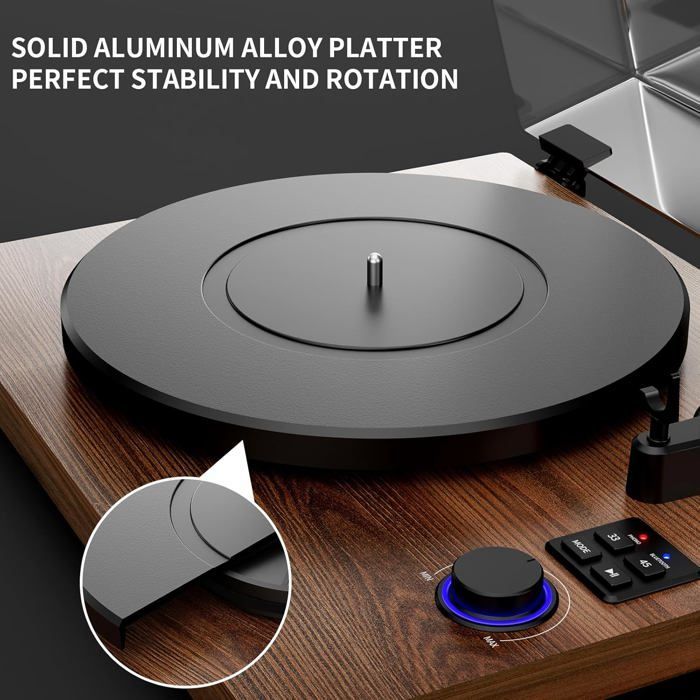 Turntable - CACTOSE - HiFi - Bluetooth - Detachable speakers - Brown wood - 45 RPM