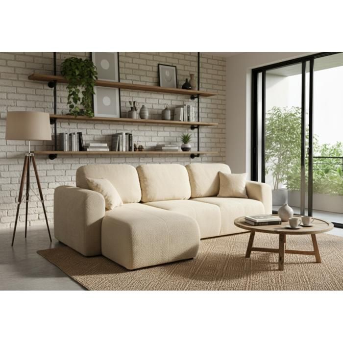 Sofá cama esquinero de 4 plazas Binigia – Tejido beige con efecto 3D POP – 245 cm