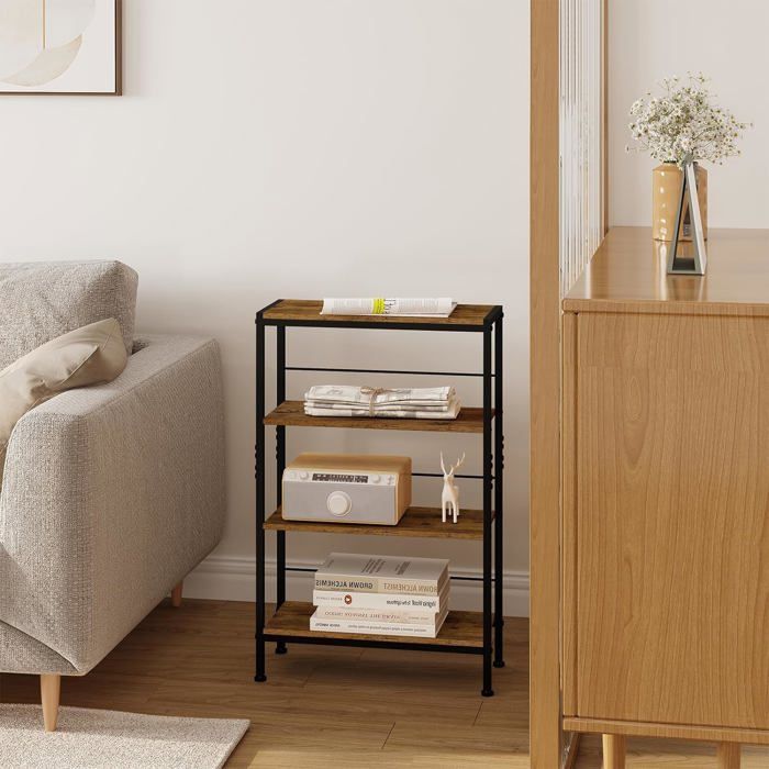 Estantería de almacenamiento WOLTU, estrecha, de 4 niveles, para cocina y sala de estar, de MDF con estructura metálica, color marrón rústico y negro.