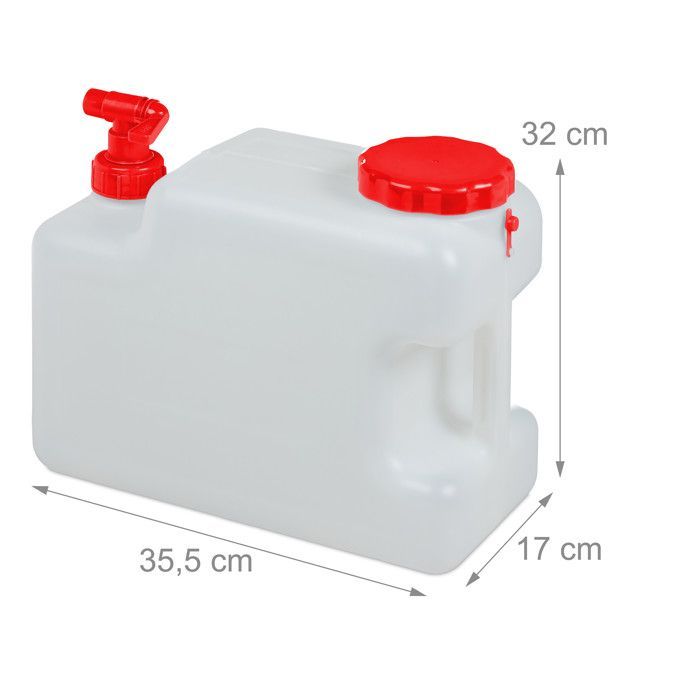 Tanica per acqua Relaxdays con rubinetto, coperchio a vite, borraccia da campeggio, 12 L, senza BPA, bianco-rosso