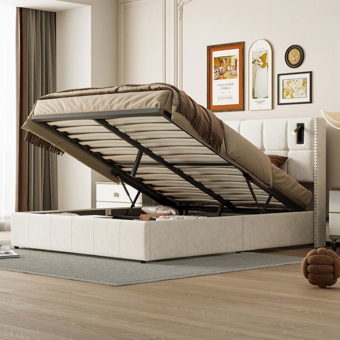 Letto 140x190 cm - DRELYGWEA - Velluto beige - Rete a doghe - Contenitore integrato - Design moderno