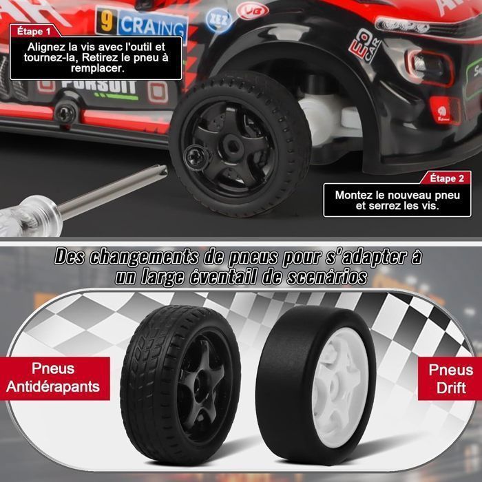 Coche teledirigido LANGTU - Mini coche RC Drift a escala 1:22 - Tracción en las cuatro ruedas - Luces LED de 7 colores - Neumáticos reemplazables (rojos)
