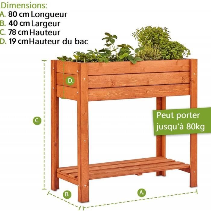 Carré potager sur pied - BB LOISIR - Modèle 512 - Bois de pin massif - Toison incluse - Étagère pratique