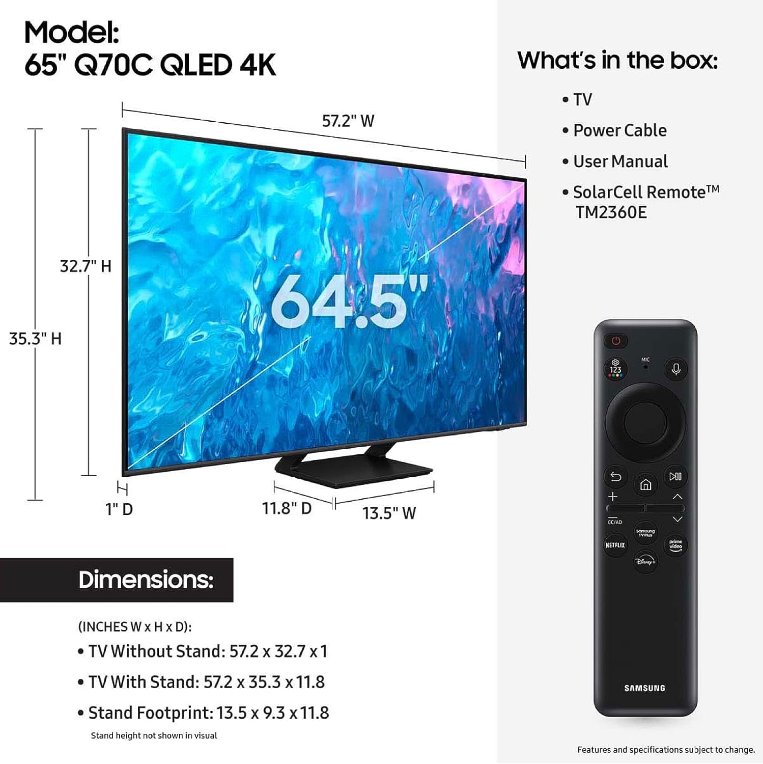 SAMSUNG 65-Zoll QLED 4K Q70C Serie Quantum HDR, Dual LED, Objektverfolgung Sound Lite, Q-Symphony, Motion Xcelerator Turbo+, Gaming Hub, Smart TV mit integrierter Alexa (QN65Q70C, Modell 2023)