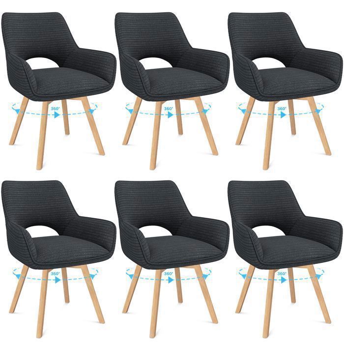 WAFTING Lot de 6 Chaises de Salle à Manger, Fauteuil Pivotantes avec Accoudoirs,Rembourrées avec Dossier en Velours,Bois Pied,Noir