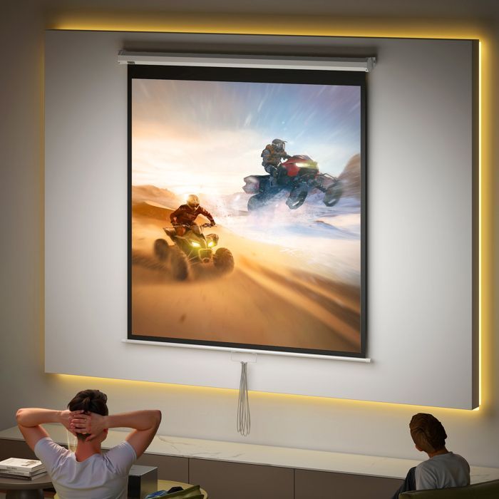 Pantalla de proyección HOMCOM de 85 pulgadas para cine en casa, 1:1, 4K HD, montaje en pared/techo, acero, 162,5 x 8 x 162 cm, blanca.