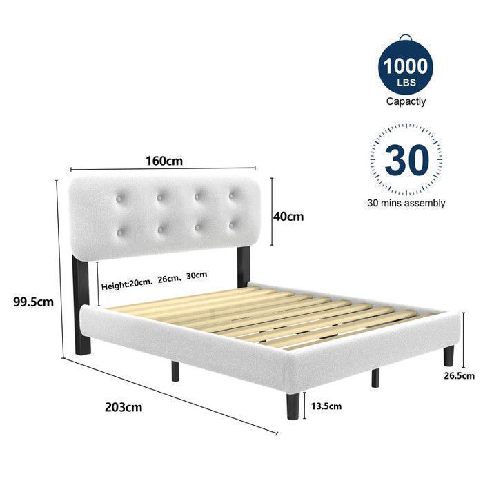 Estructura de cama de 160x200 cm, base de láminas metálicas para adultos, cabecero y tapizado, fácil montaje, estructura de cama robusta.