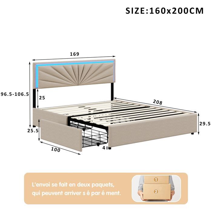 Cama doble de 160 x 200 cm con iluminación LED y 4 cajones, tapizada con cabecero regulable, somier de láminas, tela de lino, color beige.