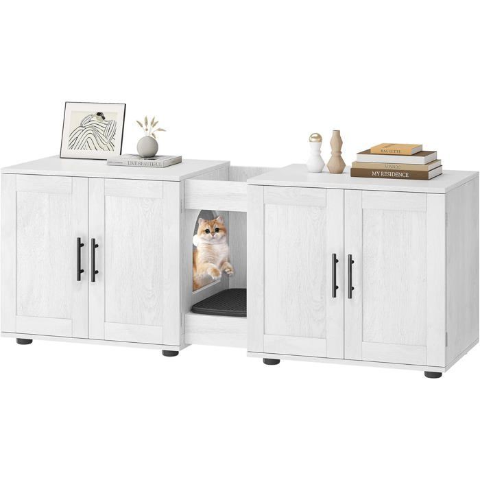 Arenero para 2 gatos, casita de baño para gatos con doble compartimento, bandeja de madera de 140 x 45 x 57 cm - Blanco