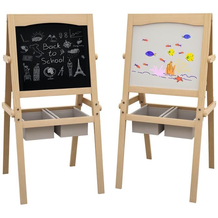 Pizarra de caballete - AIYAPLAY - pizarra blanca de doble cara para niños, rollo de papel, cestas - madera de pino - natural
