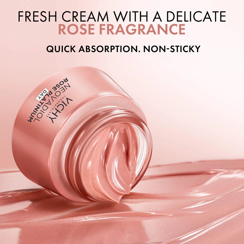 Vichy Neovadiol Rose Platinum Complex dienas krēms nobriedušai ādai, kas piešķir mirdzumu un nostiprinās.