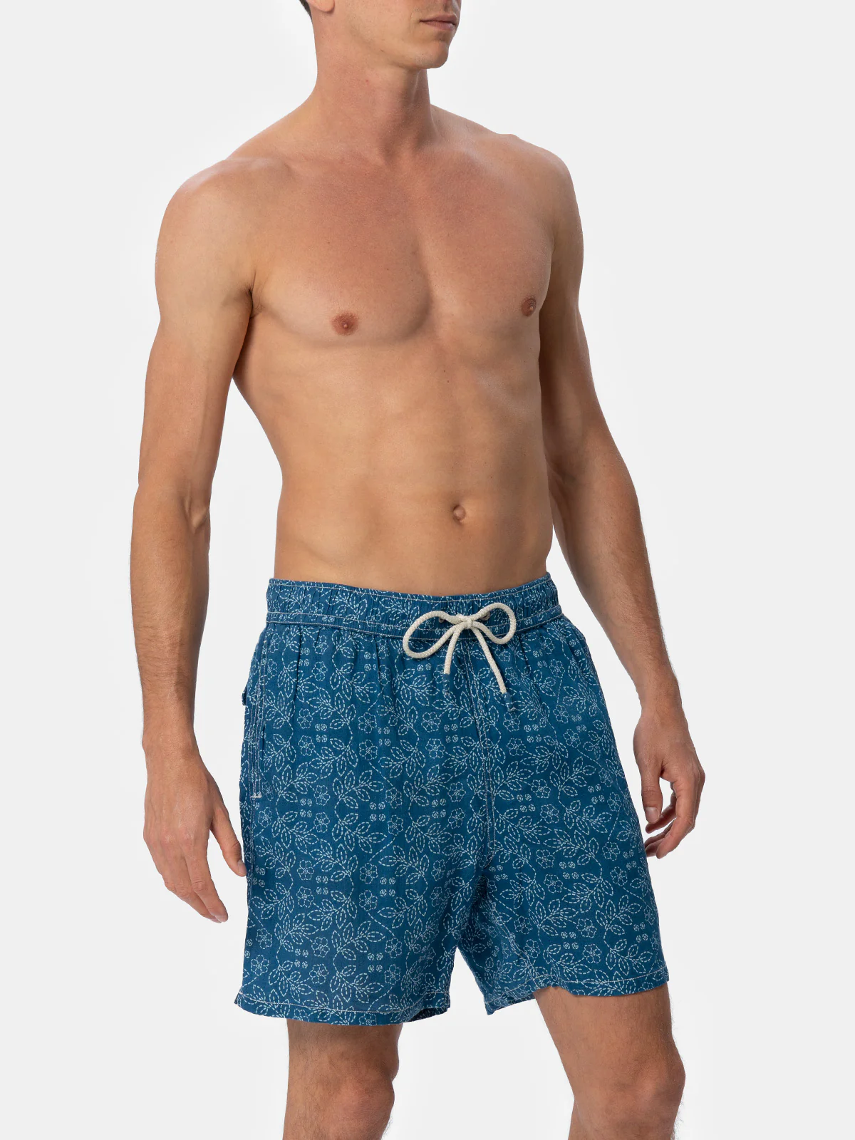 Gustavia herenbadpak van linnen met Sashi-print (middellange lengte)