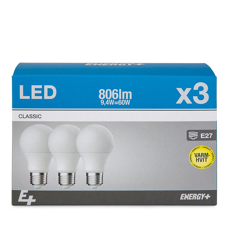 Bombilla LED de bajo consumo, 806 lm, paquete de 3 unidades, clásica, E27, A60