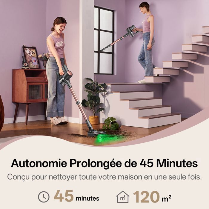 Vactidy Blitz V10 Pro - 100 AW, 55 kPa, 400 W - Aspirateur Balai sans Fil - 45 Min Autonomie - Écran LED - Tige télescopique