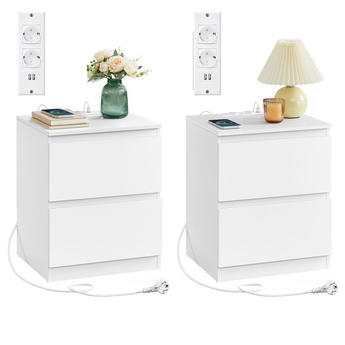 VASAGLE Lot de 2 Table de Chevet avec Multiprise, Table d'Appoint, 2 Tiroirs, 2 Prises CA, 2 Ports USB-A, Moderne, Blanc Nuage