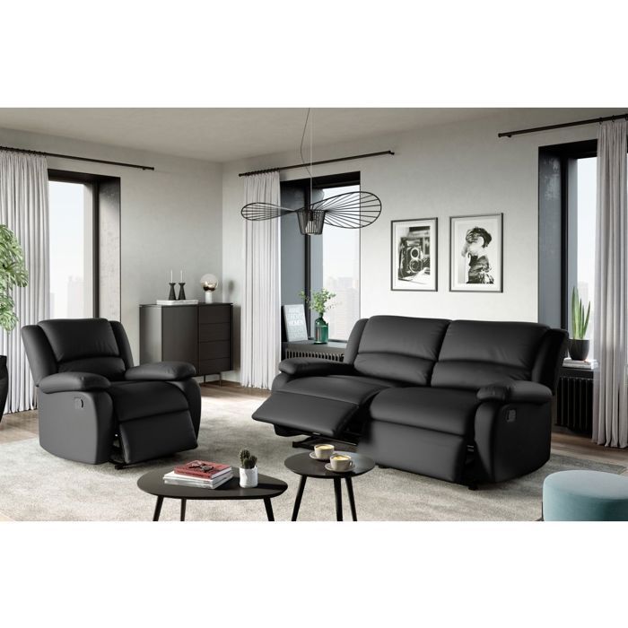 Canapé relax manuel 3 places avec 2 assises XXL LEO en simili - Noir - L193 x P93 x H96cm - LOUNGITUDE