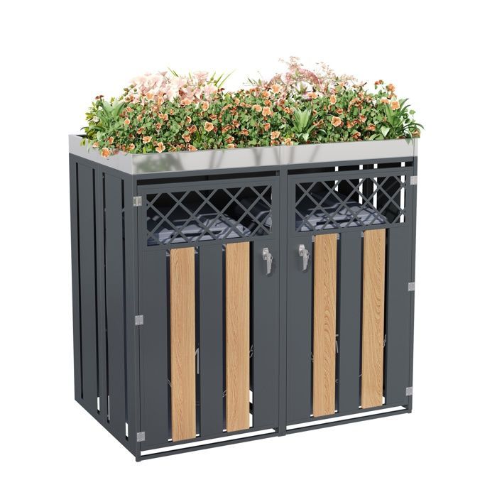Armário para 2 lixeiras, vaso de flores, com orifícios de ventilação, porta com fechadura, metal, cinza + madeira