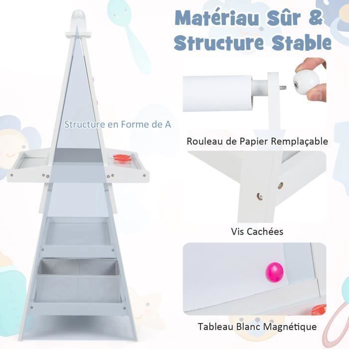 COSTWAY Tableau Enfant - Blanc Magnétique et Noir, Rouleau de Papier (Papier inclus), 3 Etagères et 2 Bac de Rangement Blanc