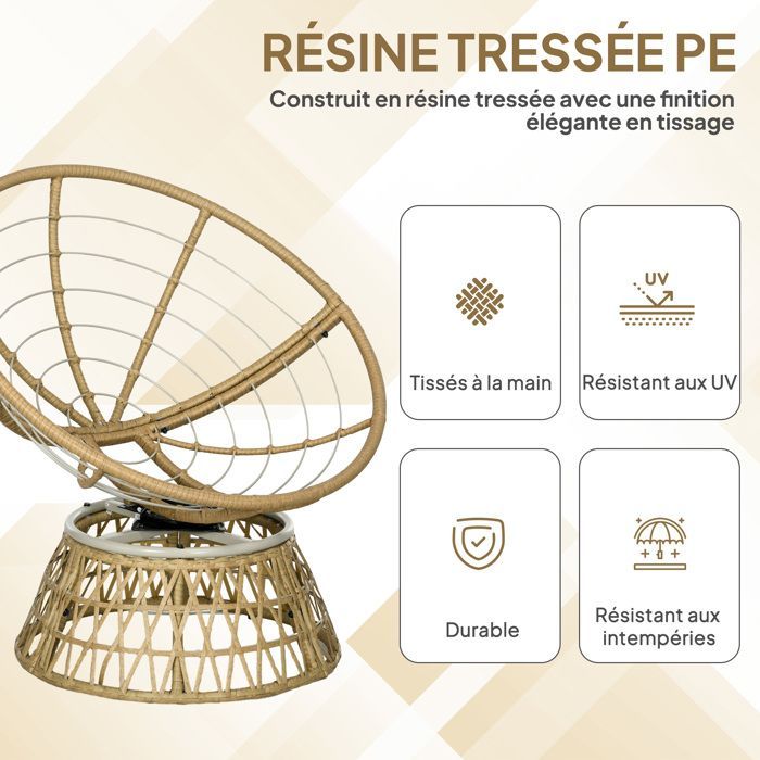 Papasanstoel - Outsunny - PE-rotan vlechtwerk - 360° draaibaar - gewatteerd kussen - 85 x 70 x 82 cm - kaki