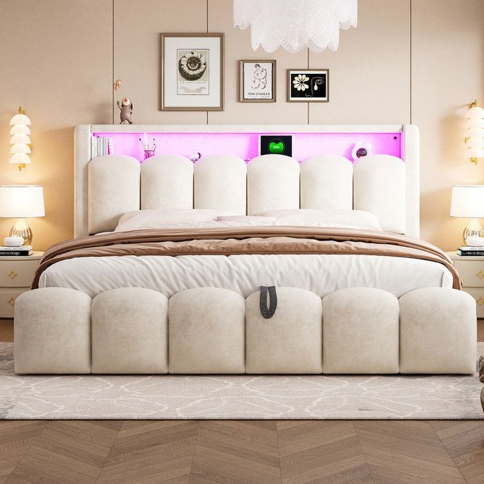 Cama tapizada con almacenamiento 180x200 - USB + Tipo-C - Con luz LED - Terciopelo - Beige (colchón no incluido)