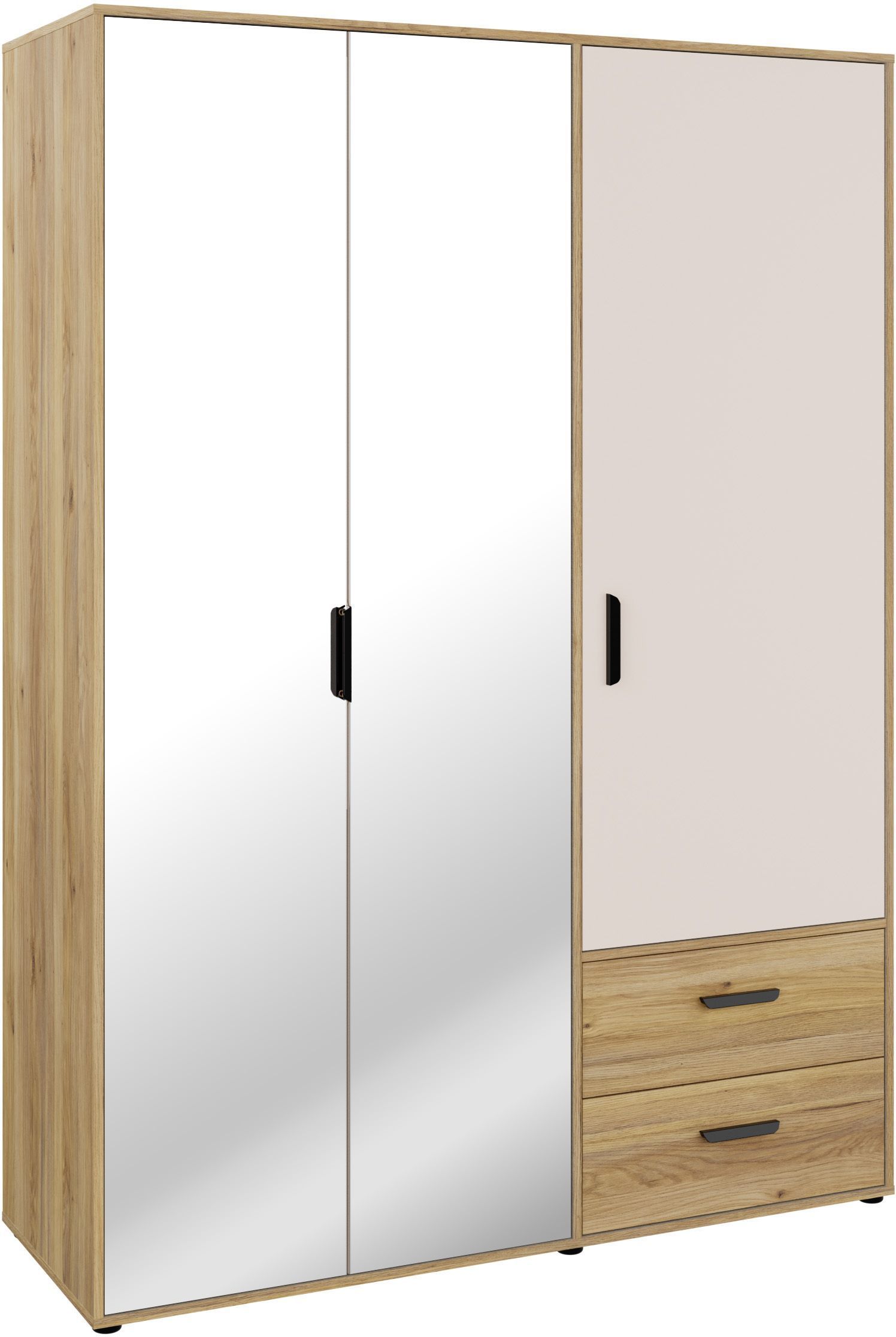 Armoire de chambre - MOKKARO - Décor Chêne et sable - 3 portes battantes - 2 tiroirs - 2 miroirs - L144,4 x P52,7 x H200cm