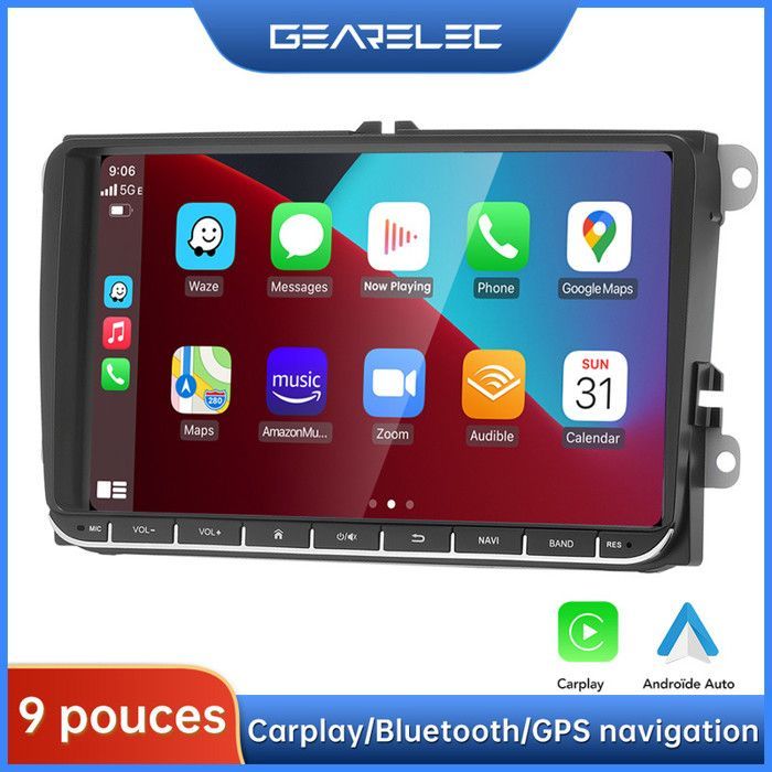 Autorradio GEARELEC de 9 pulgadas para VW con CarPlay, Android Auto, navegación GPS, WiFi, Bluetooth, radio FM, 1+32 GB