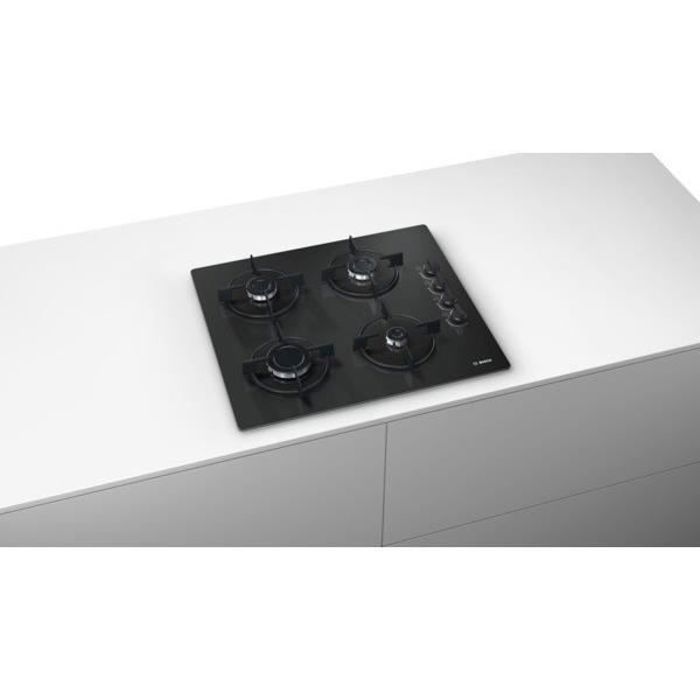 BOSCH POP6B6B10 Plaque de cuisson gaz - 4 foyers - 7400W - L56 x P48cm - Revêtement verre trempé - Noir