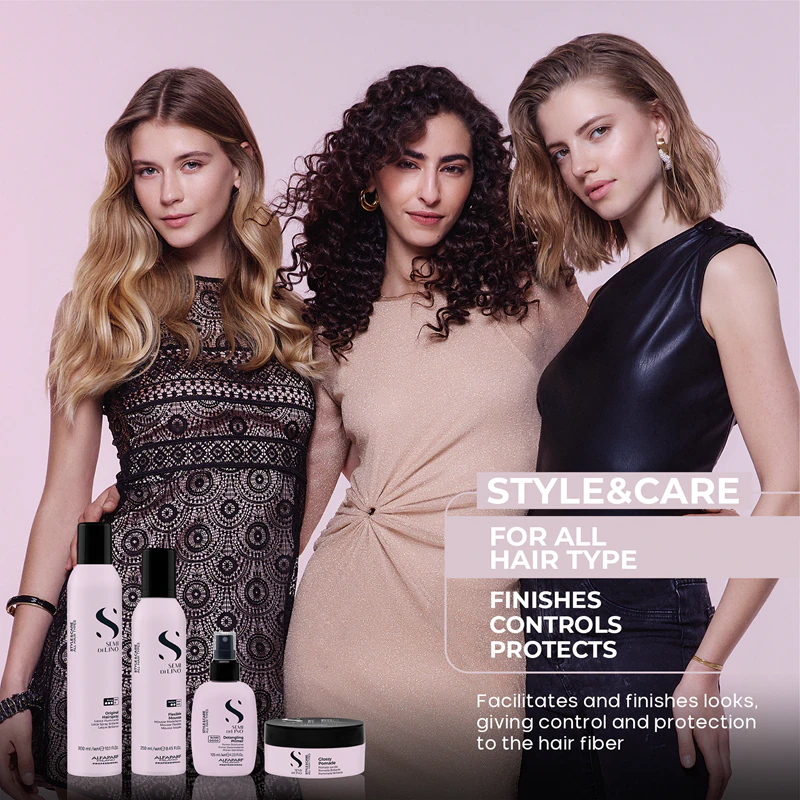 Alfaparf Milano Semi di Lino Style&Care Mousse flexível para fixação e brilho naturais.