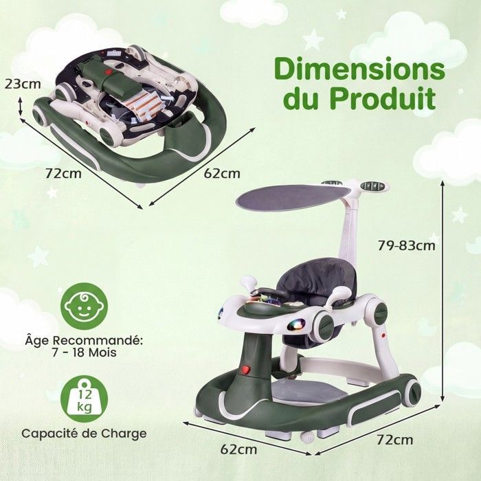 Andador convertible para bebé COSTWAY 7 en 1 - Altura y velocidad ajustables - Luces y música - Asiento extraíble y antivuelco - Verde y blanco
