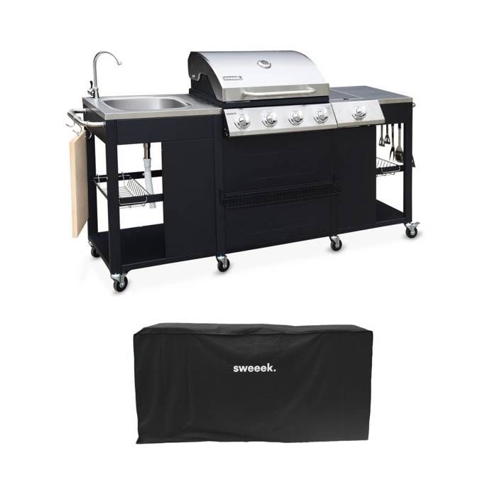 Gas barbecue with 4 burners + 1 side burner, outdoor kitchen with sink and cover, D'ARTAGNAN model with cover