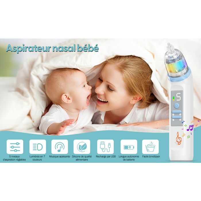 Mouche Bebe Electrique Aspirateur Nasal,IPX6 Rechargeable Aspirateur Nez Bebe avec 5 Niveaux d'aspiration et 3 Embouts Silicone
