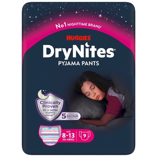 DryNites meiteņu naktsbikses 8-13 gadiem<br>8-13 gadi (30-48 kg), 9 gabali