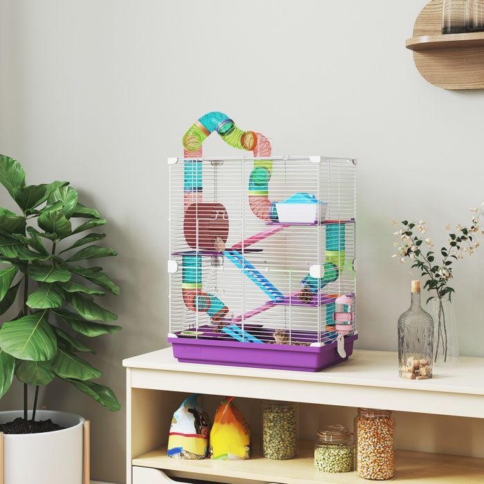 PawHut 4-stöckiger Hamster-/Nagerkäfig mit Tunneln, Futternapf, Laufrad, Häuschen und Leitern – 46 x 30 x 58 cm – Lila