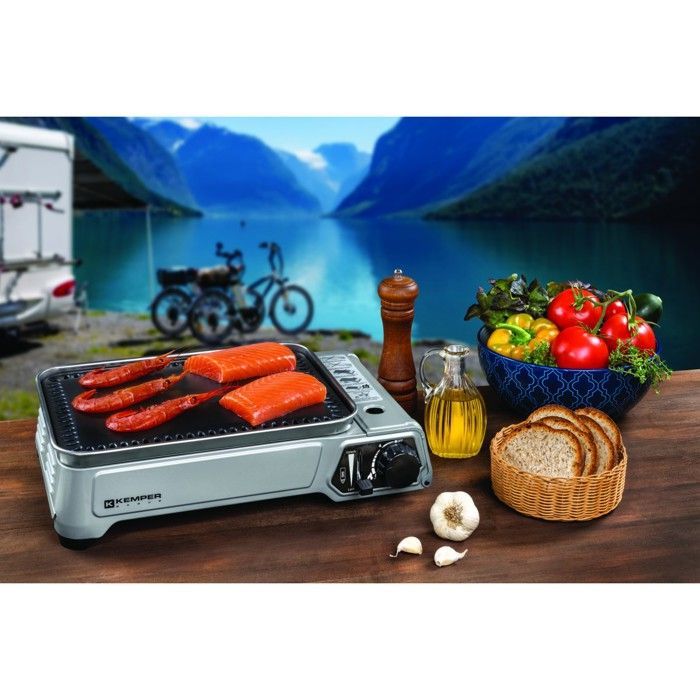 Plancha à gaz portable 2300W + 8 cartouches de gaz + Valise de transport Cuisson extérieure Camping Terrasse Barbecue KEMPER
