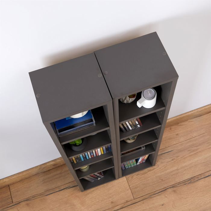 MUSIC modular shelving for CDs and DVDs, set of 2 column storage units with 10 compartments, in matte grey melamine