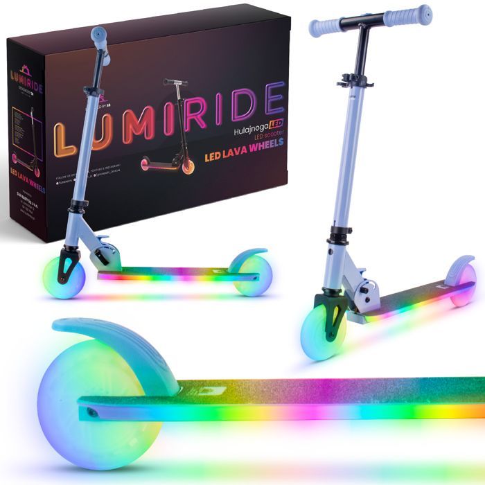 Patinete infantil LUMI RIDE - 2 ruedas, 7 colores LED, 20 programas - A partir de 3 años, 50 kg, plegable, ajustable - Azul