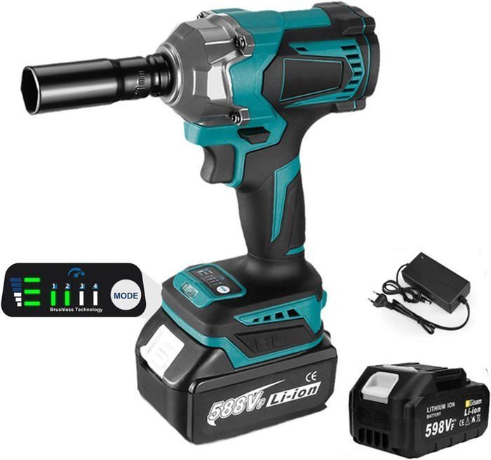 Atornillador de impacto de 1200 N.m., llave de impacto inalámbrica, atornillador de impacto de 1/2 pulgada, llave de impacto con 1 batería, multifuncional de 6700 RPM.