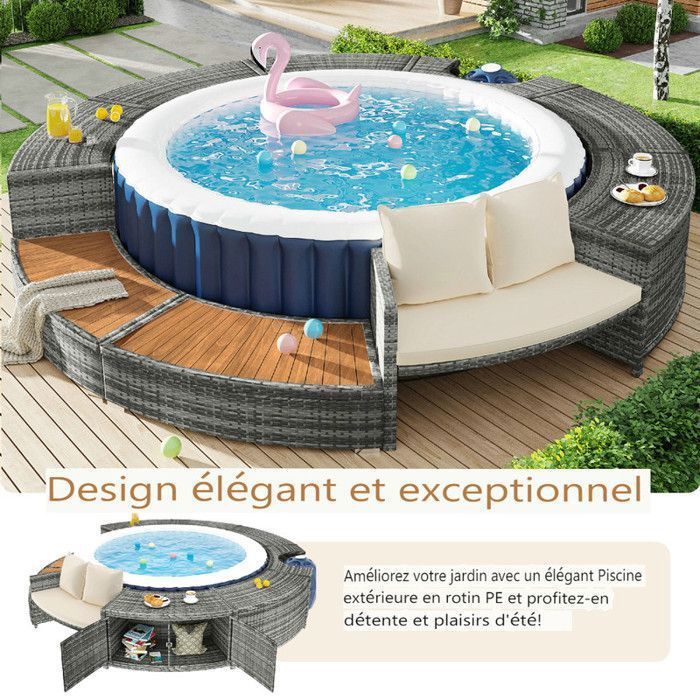 Outdoor garden furniture set, Pool Surround PE Rattan and acacia wood for hot tubs and swimming pools, with adjustable feet and mat