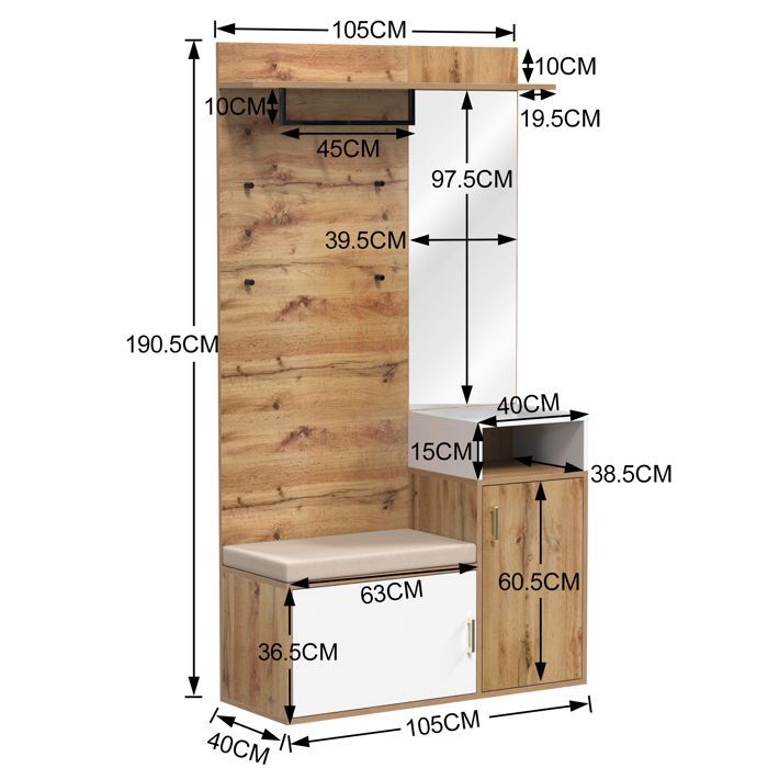 Garderobenset für den Eingangsbereich 105x40x190cm - Garderobenständer + Schuhbank + Spiegel - Weiß+Natur