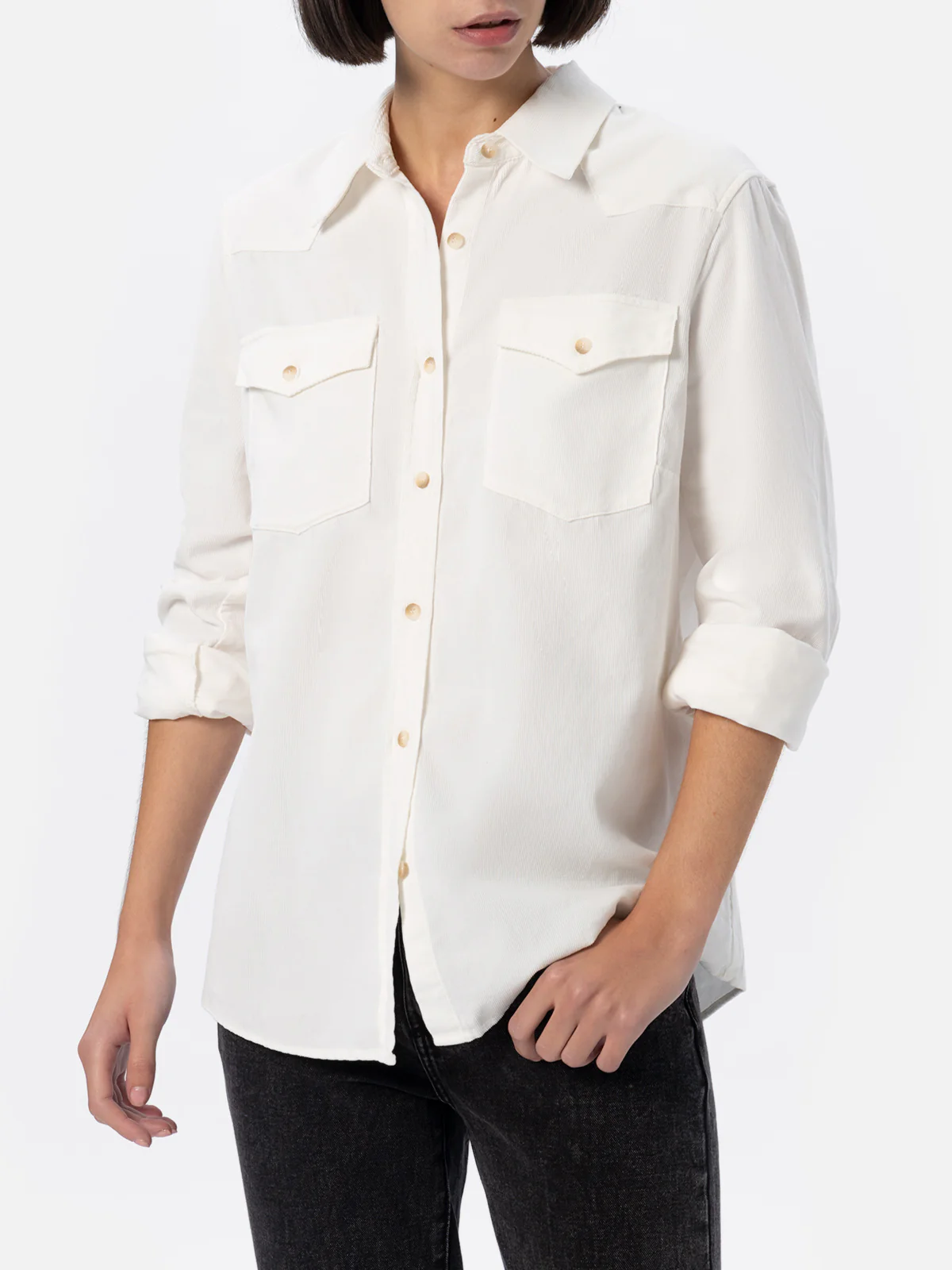 Camisa de pana para mujer color blanco roto con logo en rayas