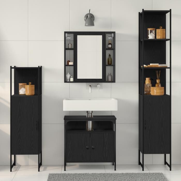 Conjunto de muebles de baño - Roble negro - 4 piezas - Estilo contemporáneo - Acabado mate