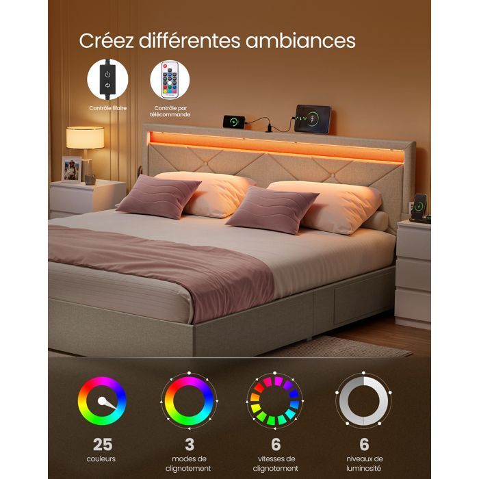 Letto matrimoniale - VASAGLE - Illuminazione LED integrata - 4 cassetti - Beige cappuccino