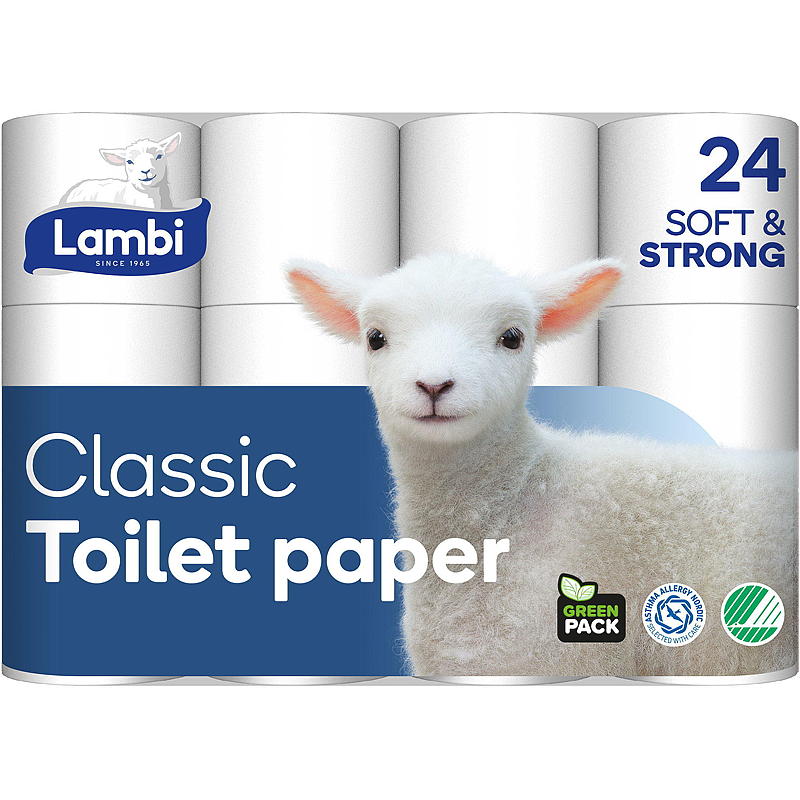 Papel higiénico Lambi, paquete de 24 unidades, blanco.