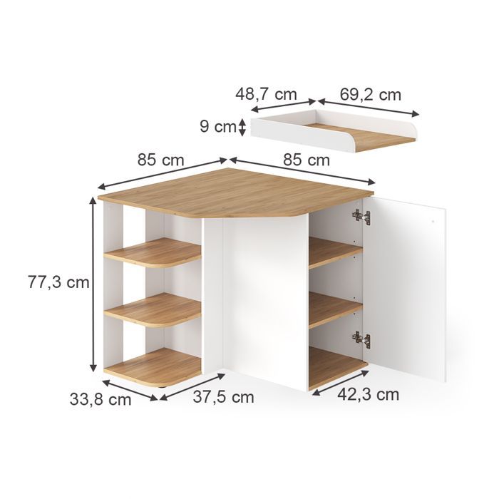 Commode à langer Kristian 85x77.3cm avec table à langer Chêne blanc/force de l'or Chêne de force doré Vicco 57889