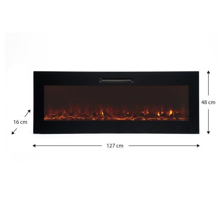 Cheminée Électrique Murale Encastrable 2000W Kekai Oregon 127x16x48 cm Noir avec Simulation de Feu Télécommande pour Intérieur