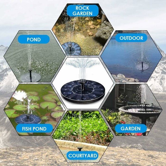 Fuente solar para estanques - VIREX® - 1,4 W - 150 l/h - Altura máxima 70 cm - 4 boquillas - Paneles solares monocristalinos