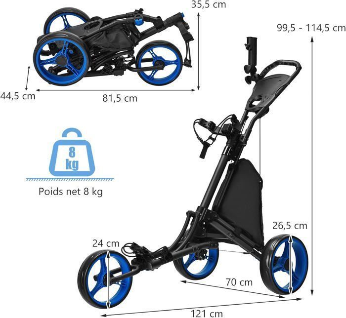 Carrito de golf plegable de 5 ruedas COSTWAY con correa elástica, soporte ajustable para paraguas y portavasos, bolsa con revestimiento de aluminio, color azul.