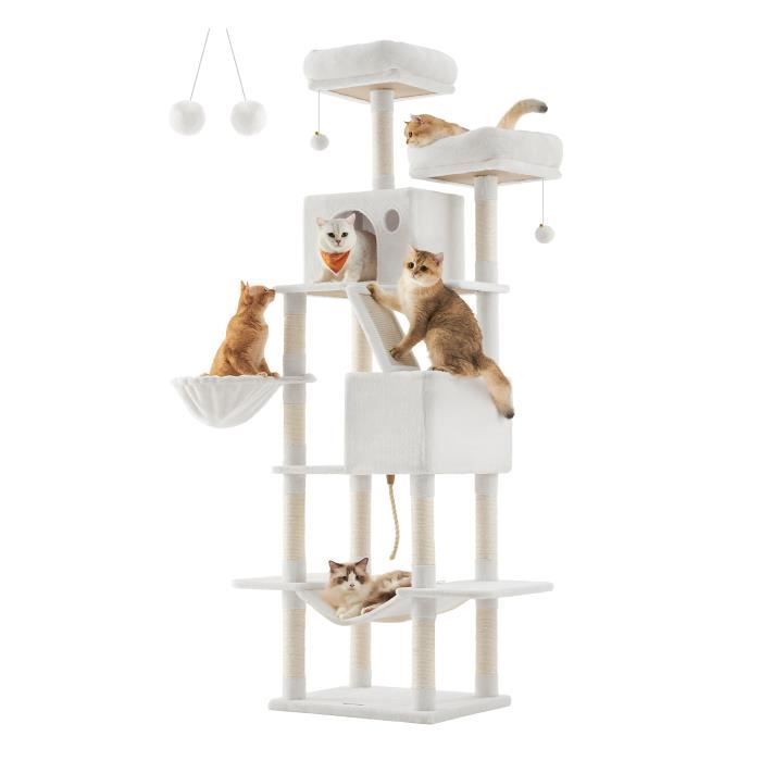 Arbre à Chat, Hauteur 206 cm, avec 13 Griffoirs, 2 Plate-forme, 2 Niches, Panier, Hamac, Pompon, Blanc Crème
